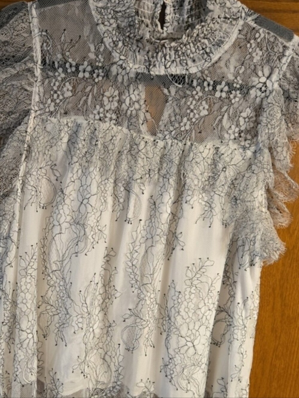 Cream Lace High-Neck Sleeveless Blouse with Floral Overlay